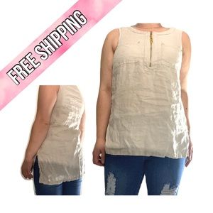 Ellen Tracy linen tunic w/ gold zipper detail - light tan/cream